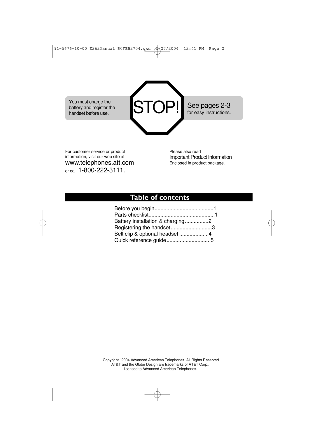 AT&T E2662B user manual Table of contents 