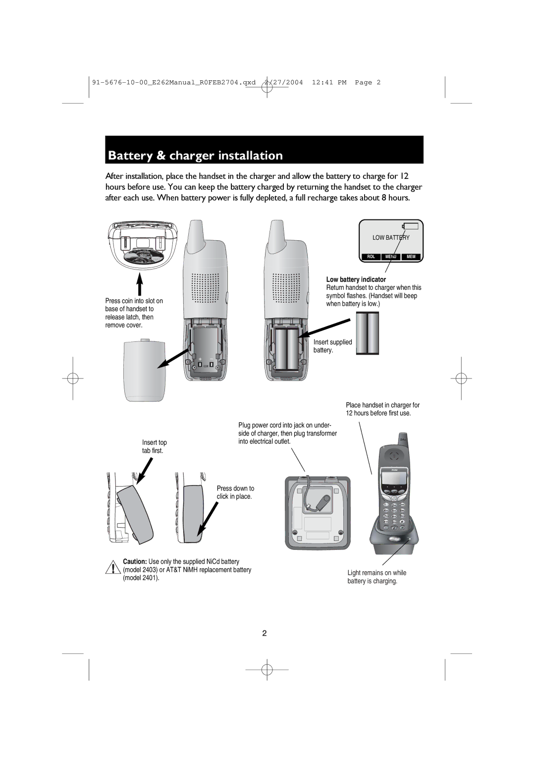 AT&T E2662B user manual Battery & charger installation, Low battery indicator 