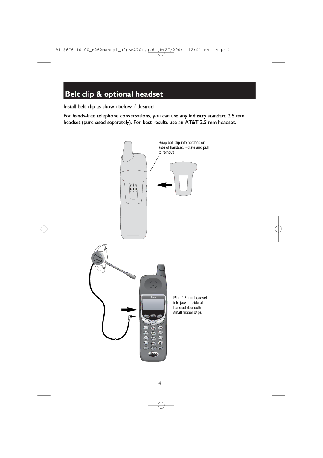 AT&T E2662B user manual Belt clip & optional headset, Install belt clip as shown below if desired 