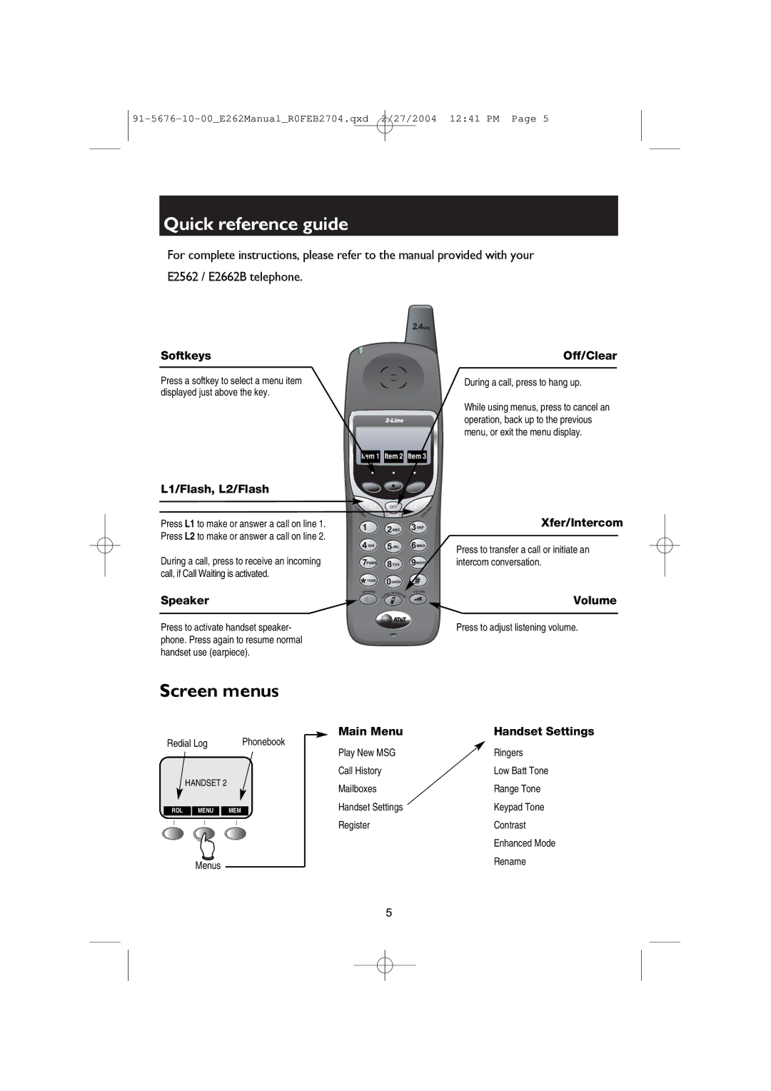 AT&T E2662B user manual Quick reference guide, Off/Clear 