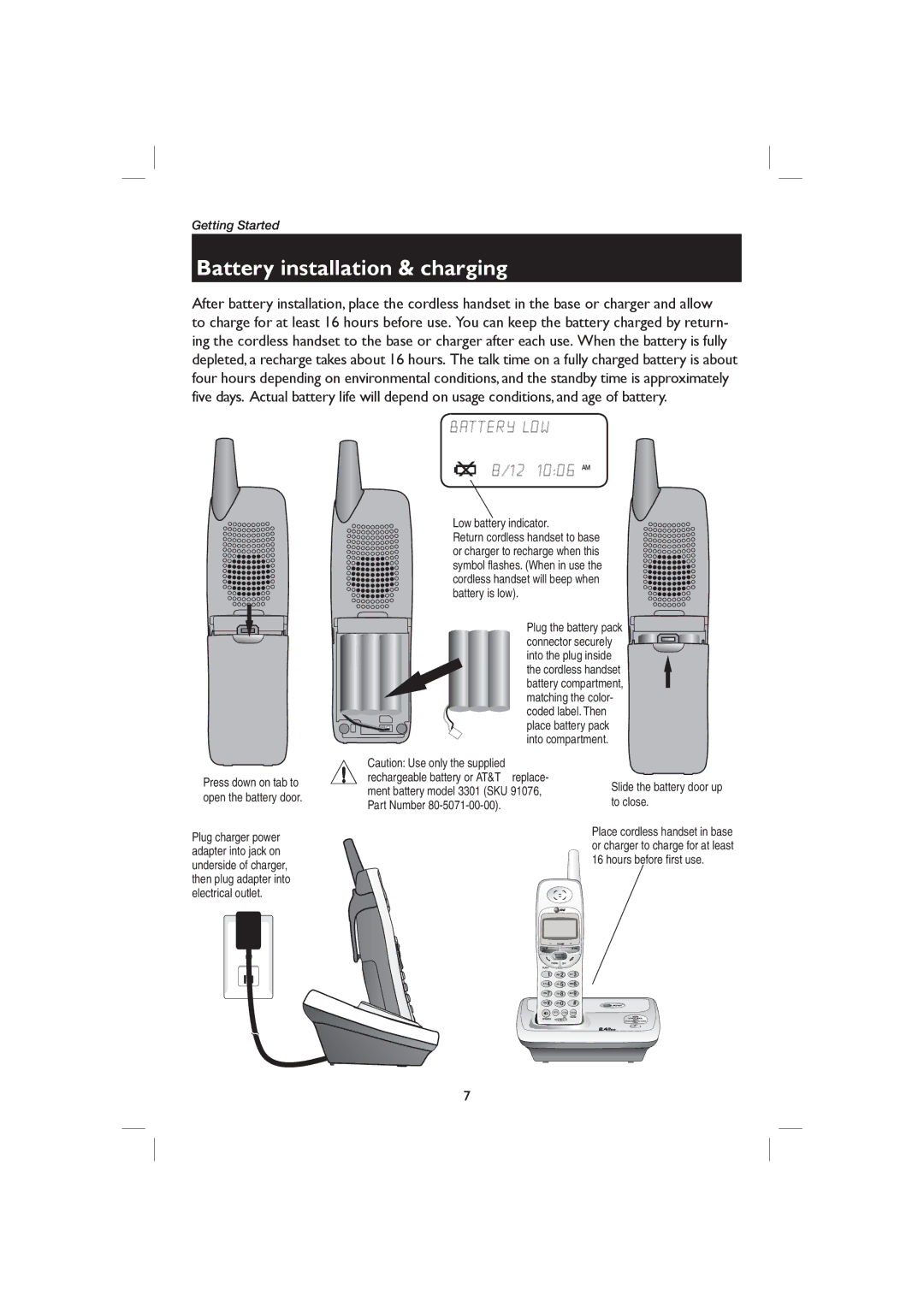 AT&T E2717B user manual Battery installation & charging, Low battery indicator, Slide the battery door up to close 