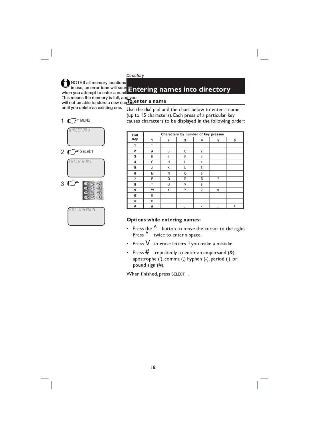 AT&T E2717B user manual Entering names into directory, To enter a name, Options while entering names 