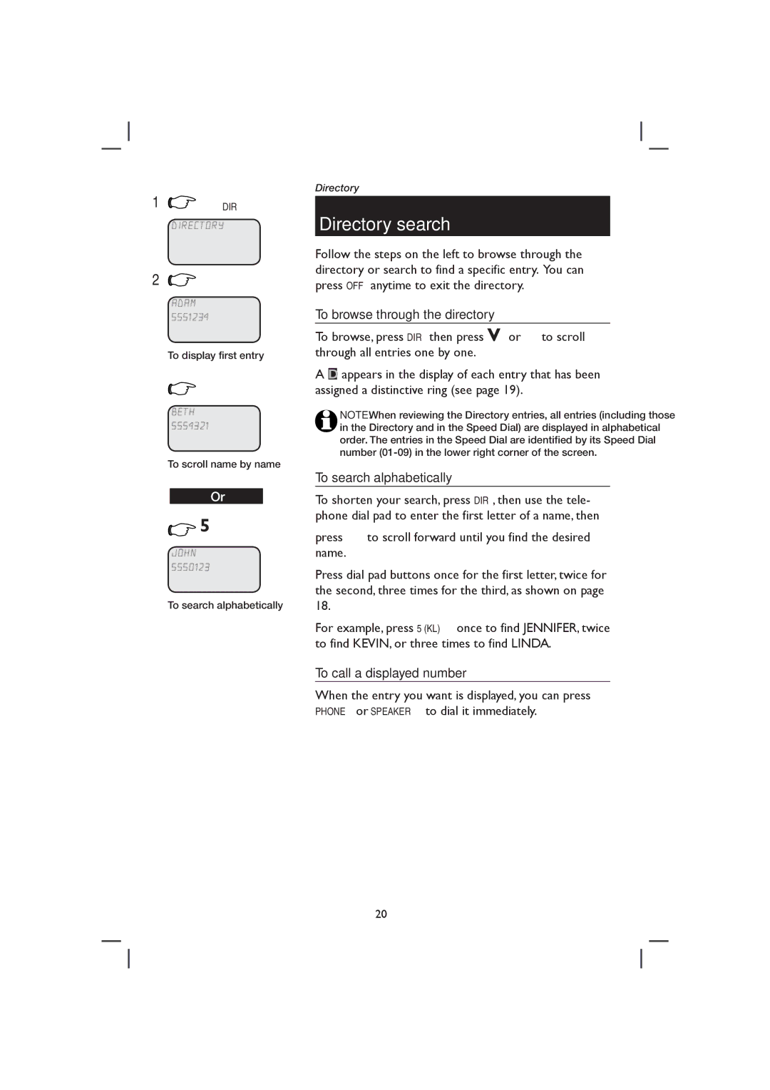 AT&T E2717B Directory search, To browse through the directory, To search alphabetically, To call a displayed number 