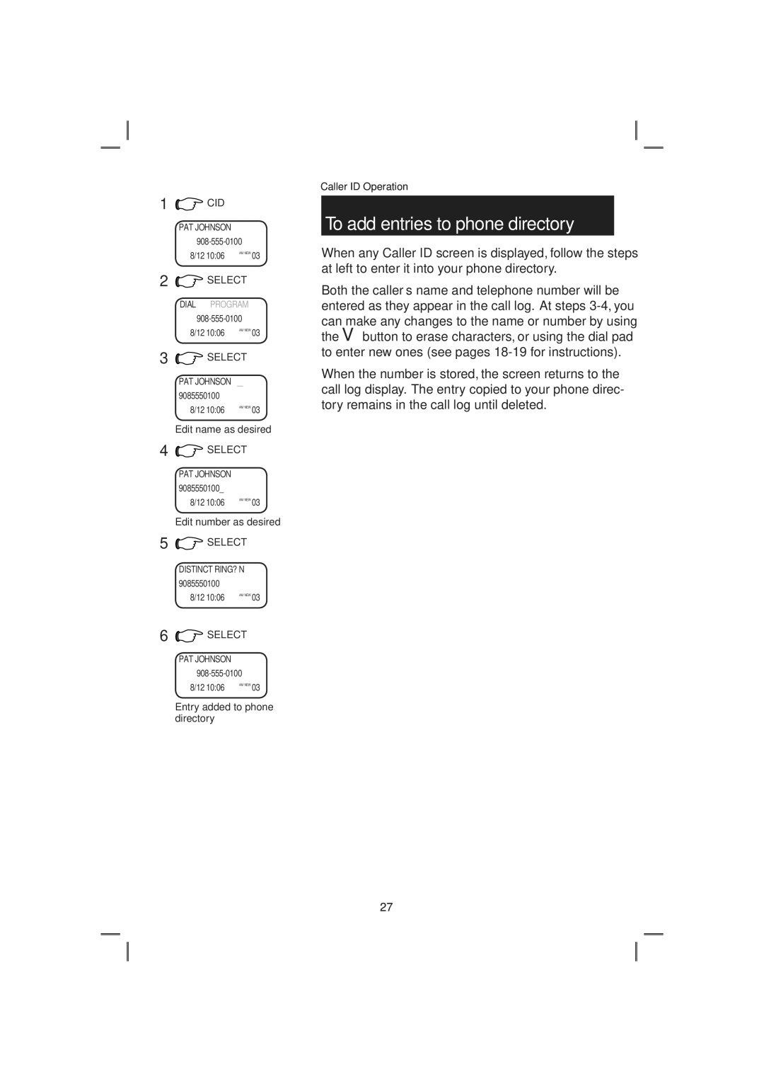 AT&T E2717B user manual To add entries to phone directory, Edit name as desired, Edit number as desired 