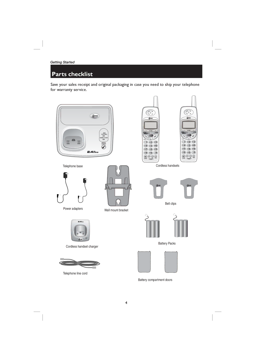 AT&T E2717B user manual Parts checklist, Telephone base, Belt clips Power adapters 