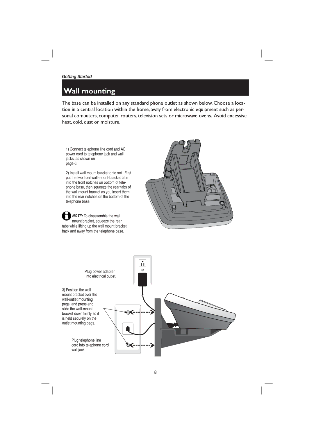 AT&T E2718B user manual Wall mounting, Plug telephone line cord into telephone cord wall jack 