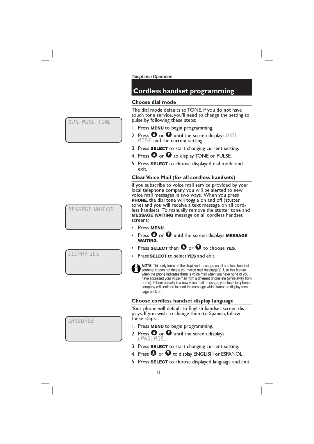 AT&T E2718B Choose dial mode, Clear Voice Mail for all cordless handsets, Choose cordless handset display language 