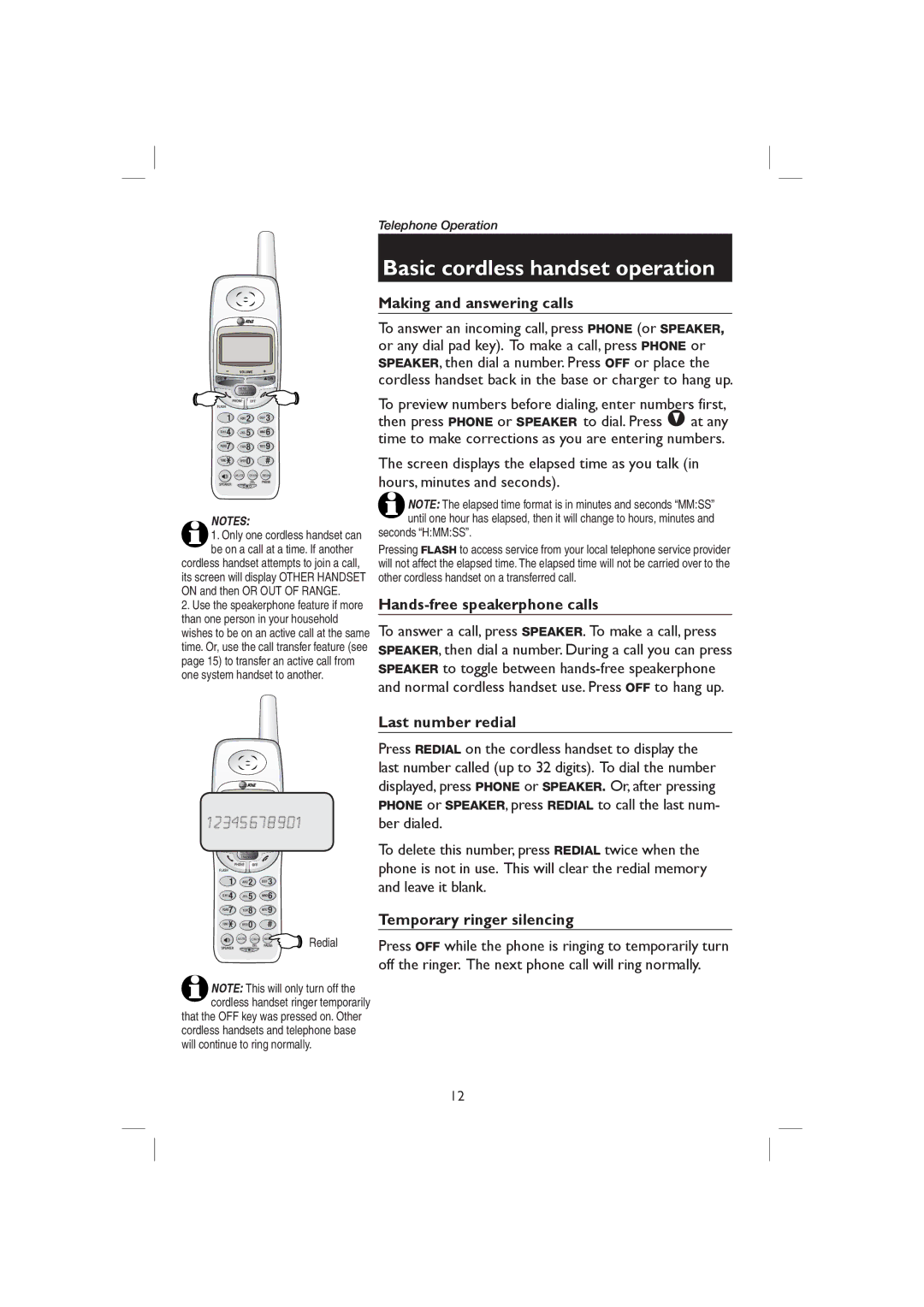 AT&T E2718B user manual Basic cordless handset operation, Making and answering calls, Hands-free speakerphone calls 