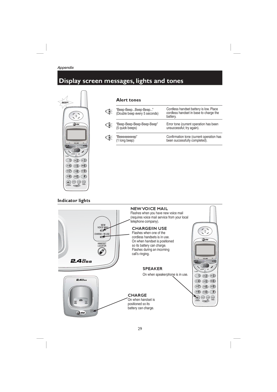 AT&T E2718B user manual Alert tones, Indicator lights 