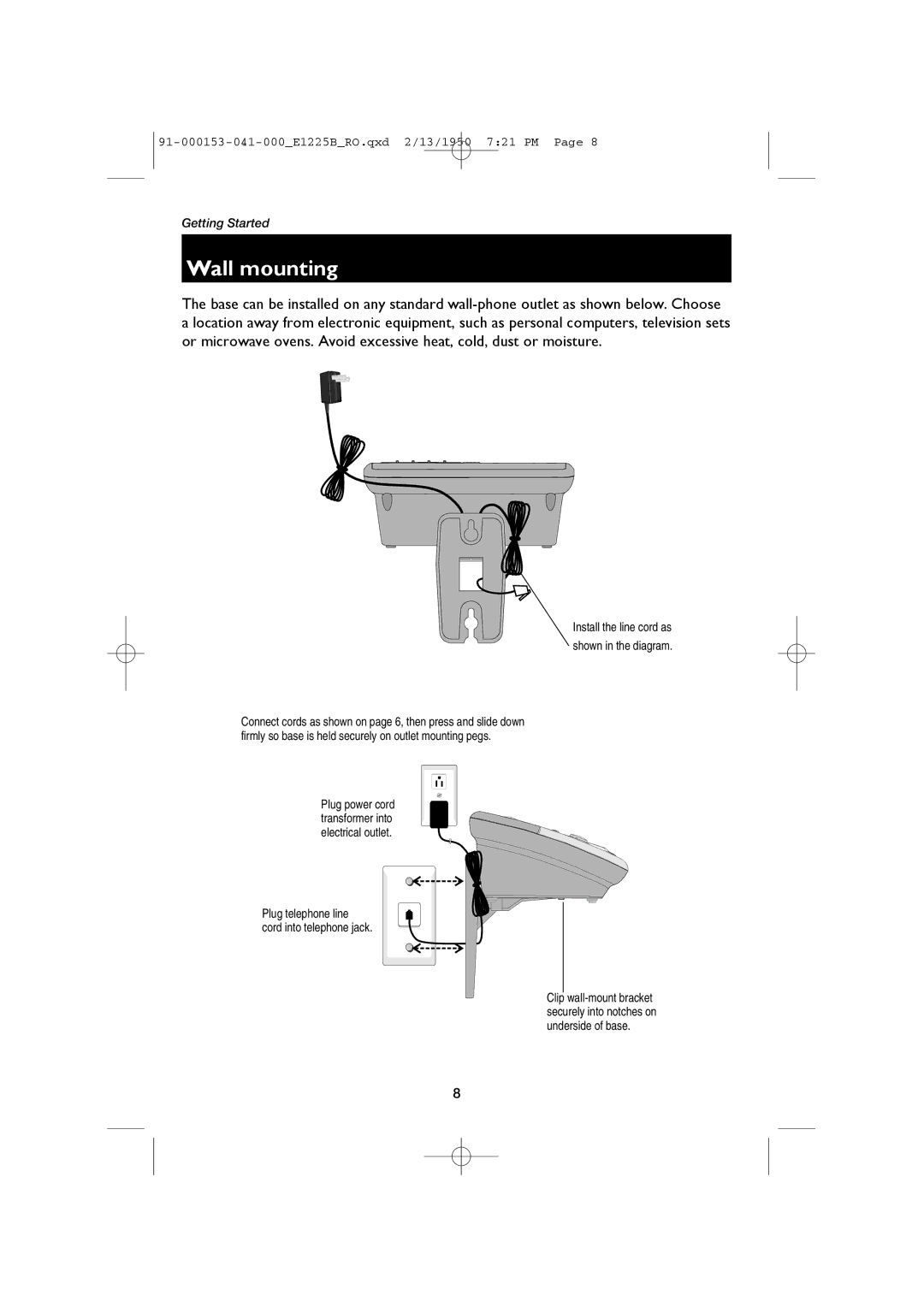 AT&T E2725B, E1225B user manual Wall mounting, Install the line cord as Shown in the diagram 