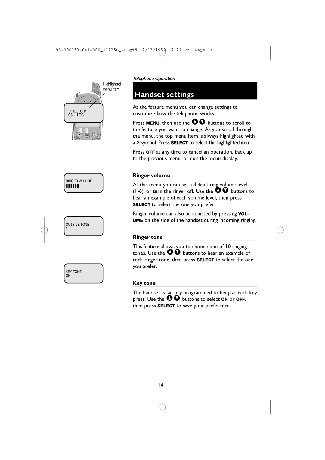 AT&T E2725B, E1225B user manual Handset settings, Ringer volume, Ringer tone, Key tone 