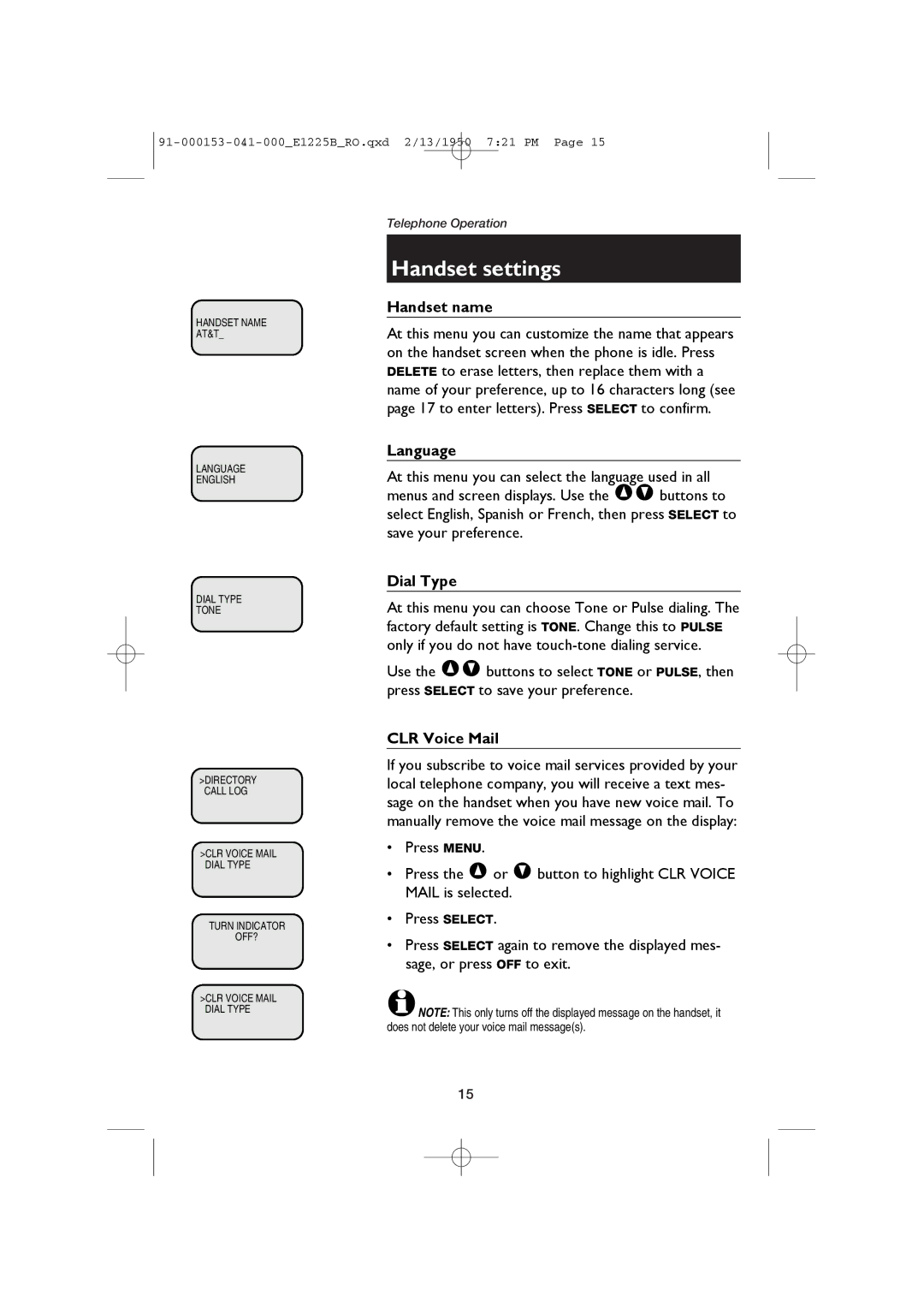 AT&T E1225B, E2725B user manual Handset name, Language, Dial Type, CLR Voice Mail 