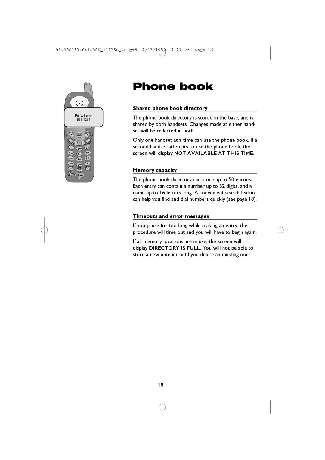 AT&T E2725B, E1225B user manual Shared phone book directory, Memory capacity, Timeouts and error messages 