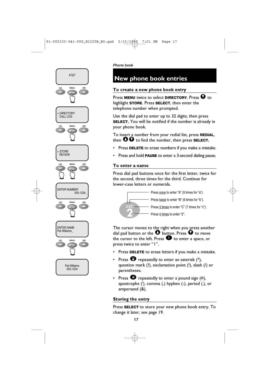 AT&T E1225B, E2725B user manual New phone book entries, To create a new phone book entry, To enter a name, Storing the entry 