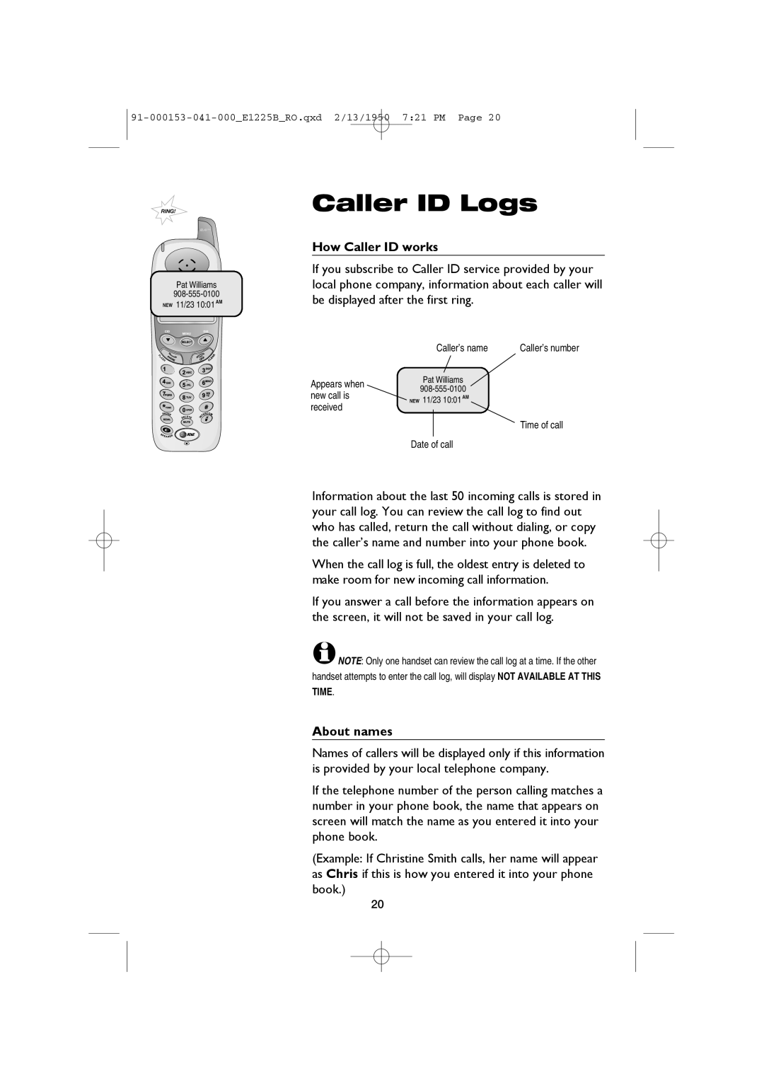 AT&T E2725B, E1225B user manual How Caller ID works, About names 