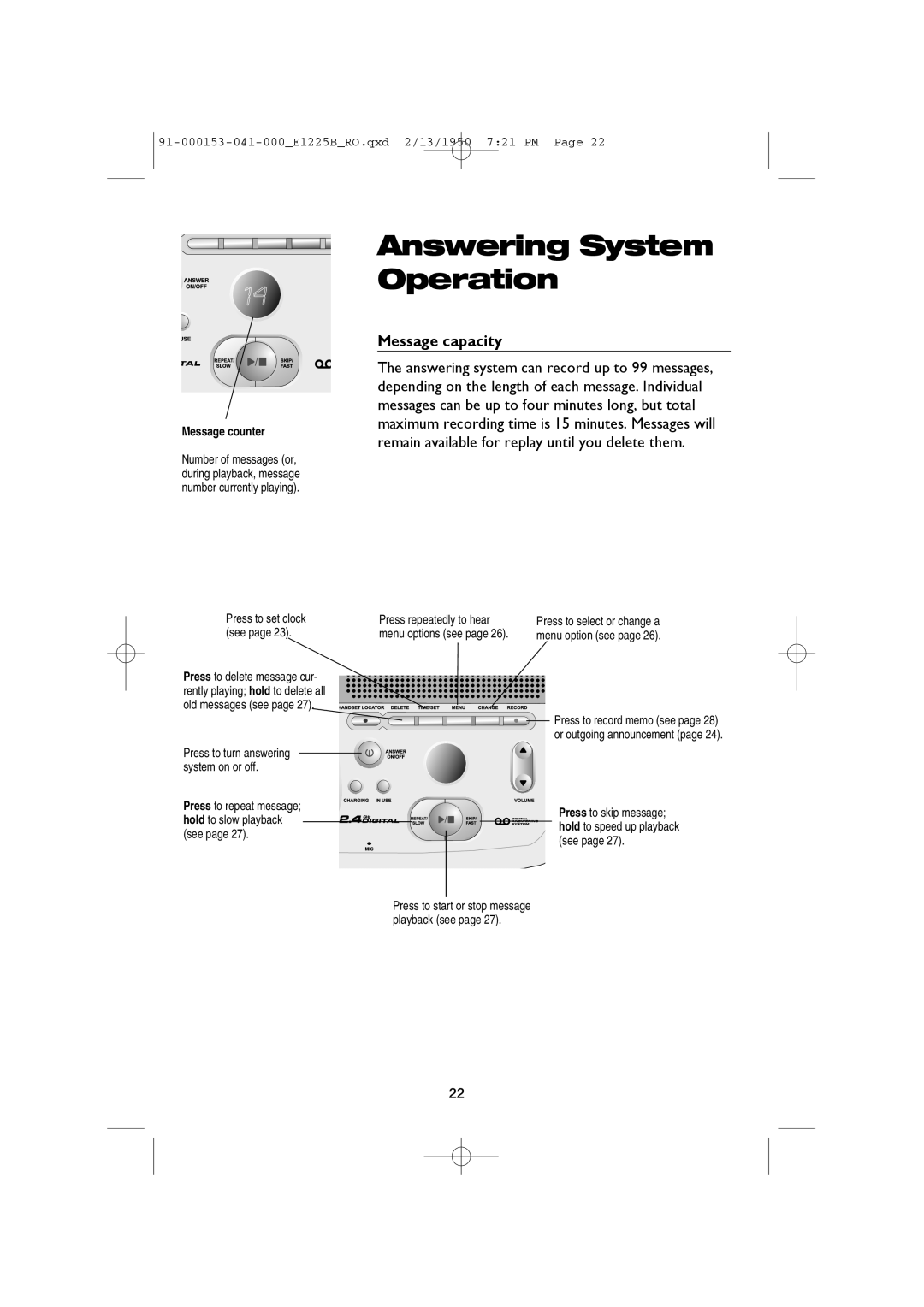 AT&T E2725B, E1225B user manual Message capacity, Press repeatedly to hear 