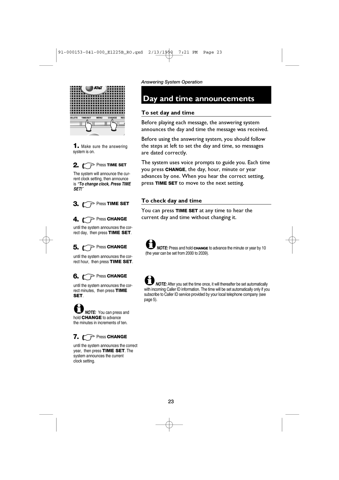 AT&T E1225B, E2725B user manual Day and time announcements, To set day and time, To check day and time 