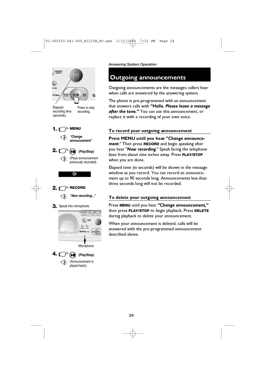 AT&T E2725B, E1225B Outgoing announcements, To delete your outgoing announcement, Elapsed, Recording time Seconds 