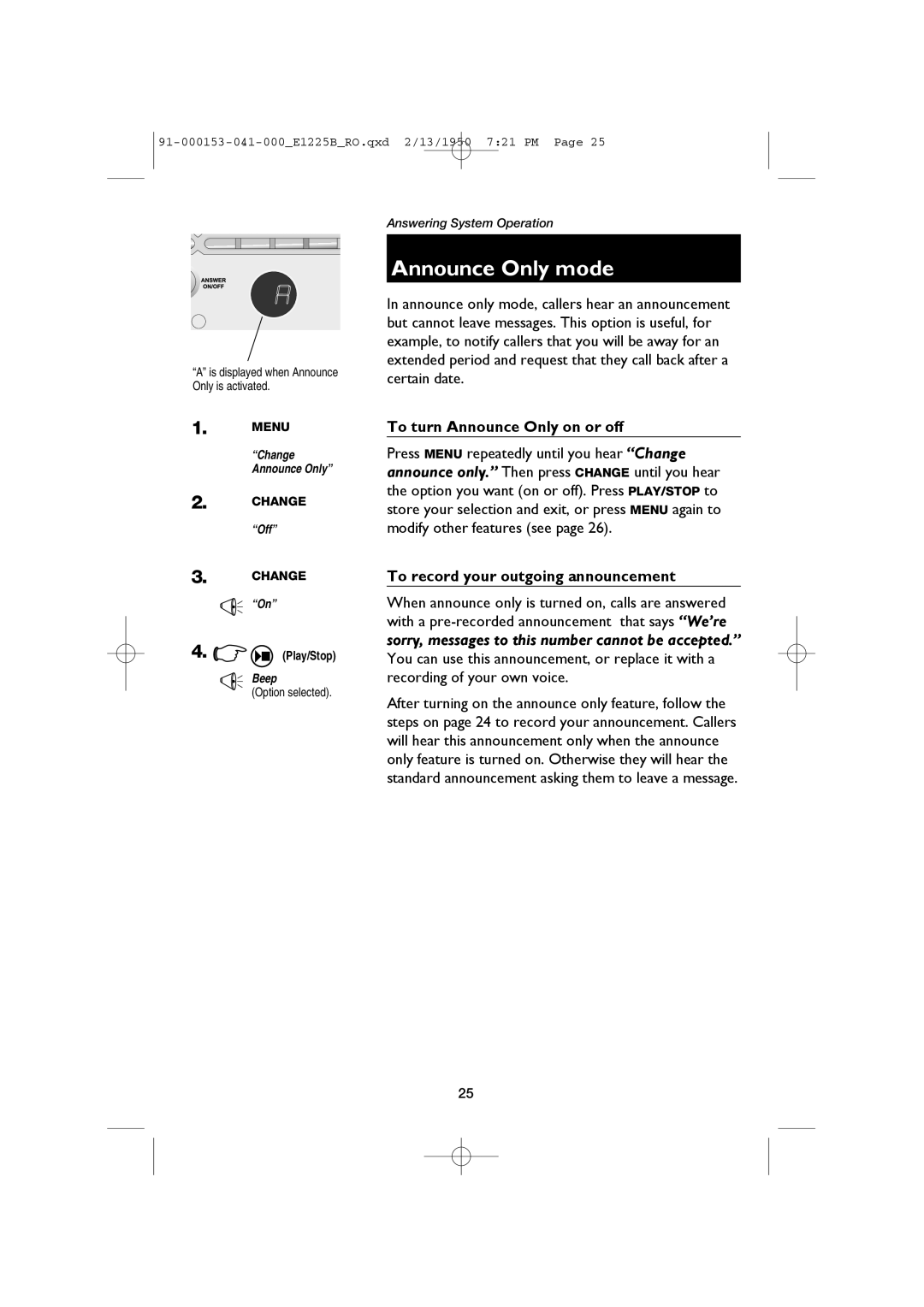 AT&T E1225B Announce Only mode, To turn Announce Only on or off, To record your outgoing announcement, Option selected 