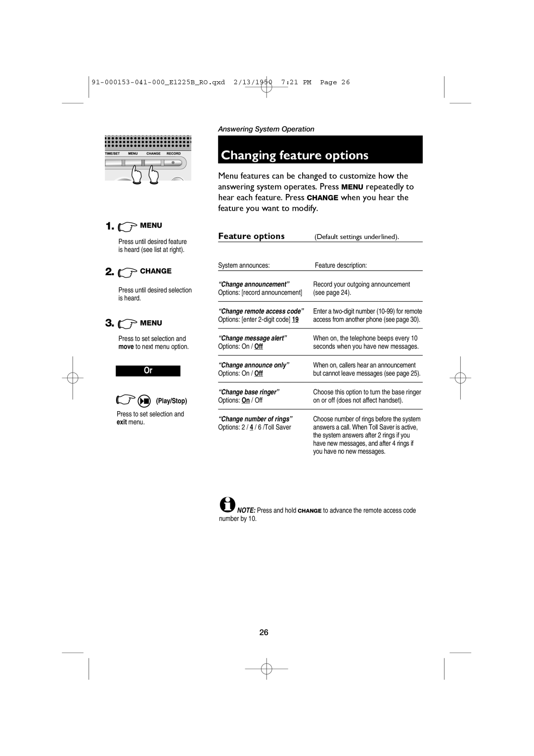 AT&T E2725B, E1225B user manual Changing feature options, Feature options 