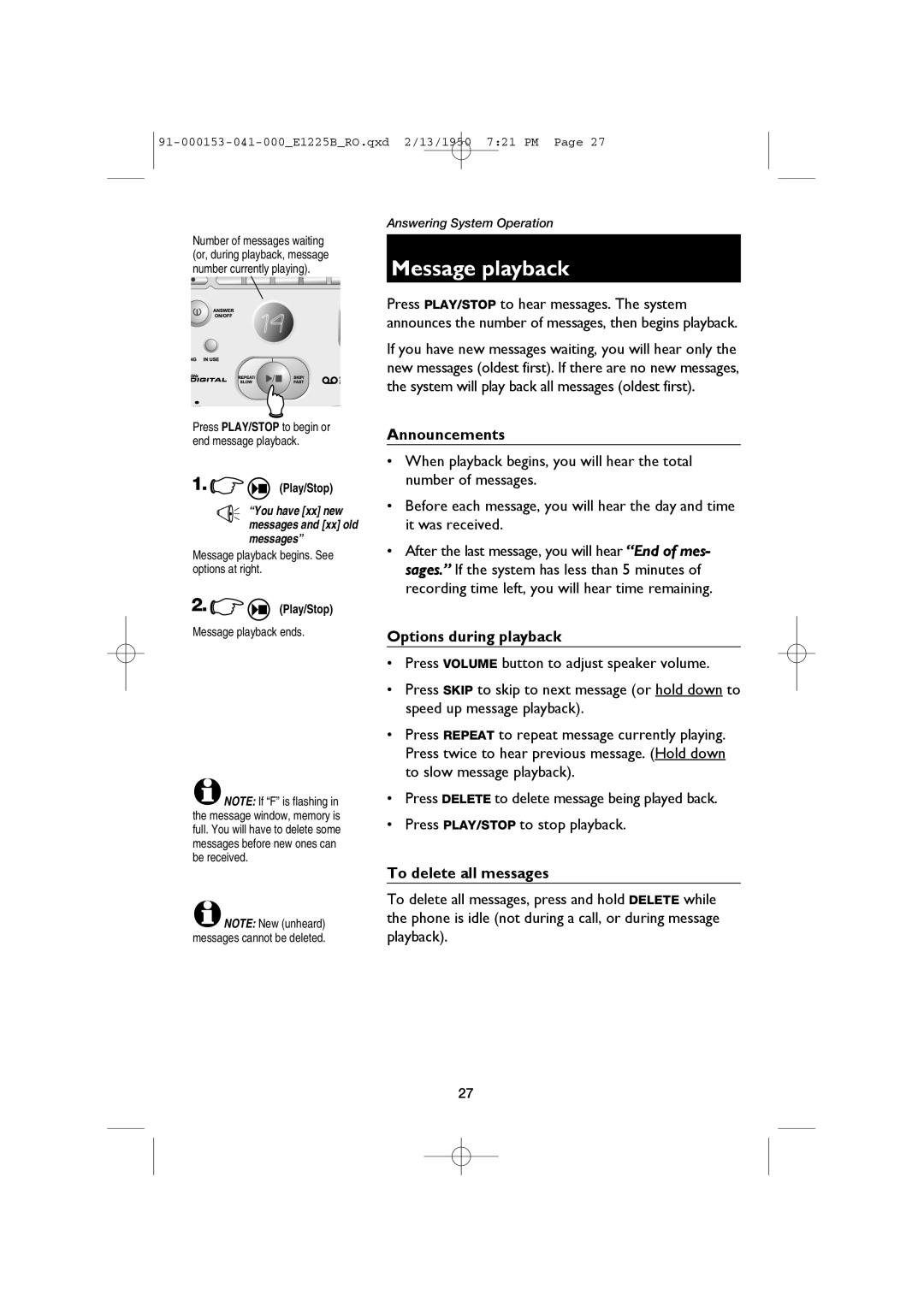 AT&T E1225B, E2725B user manual Announcements, Options during playback, To delete all messages, Message playback ends 