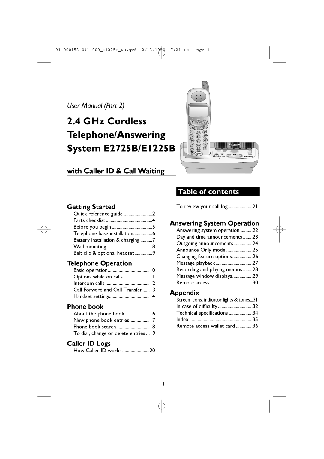 AT&T E1225B, E2725B user manual GHz Cordless Telephone/Answering, Table of contents 