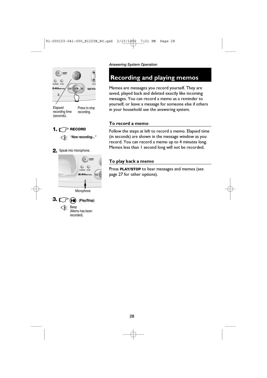 AT&T E2725B, E1225B user manual Recording and playing memos, To record a memo, To play back a memo, Beep 