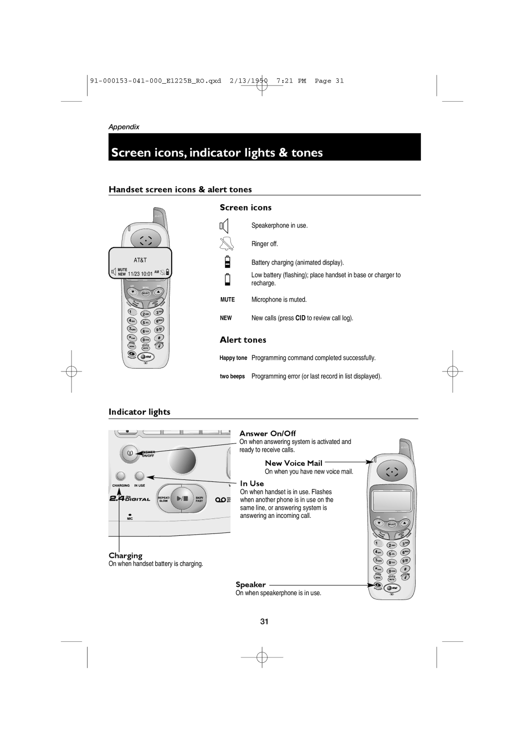 AT&T E1225B Screen icons, indicator lights & tones, Handset screen icons & alert tones, Alert tones, Indicator lights 