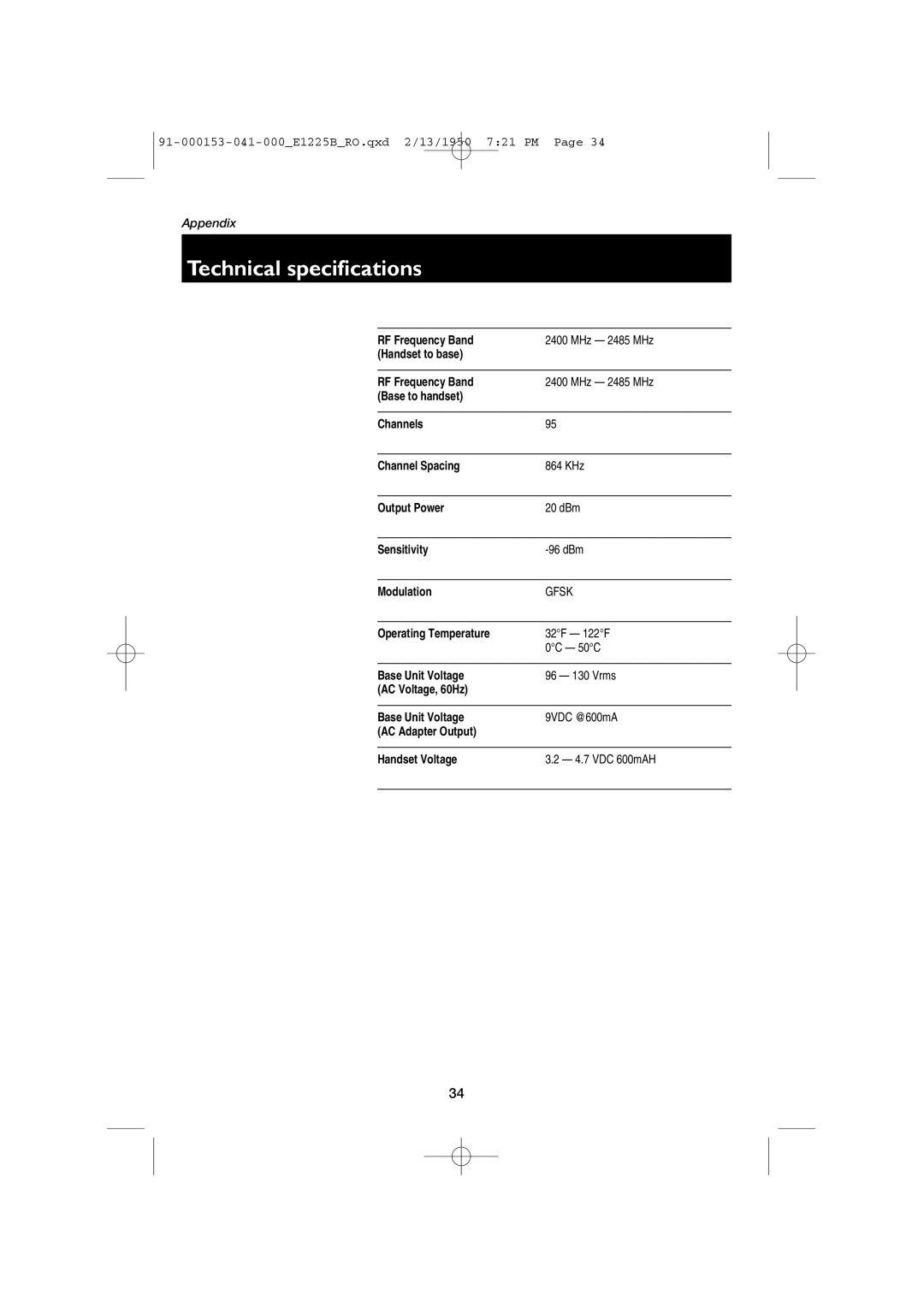 AT&T E2725B, E1225B user manual Technical specifications, Gfsk 