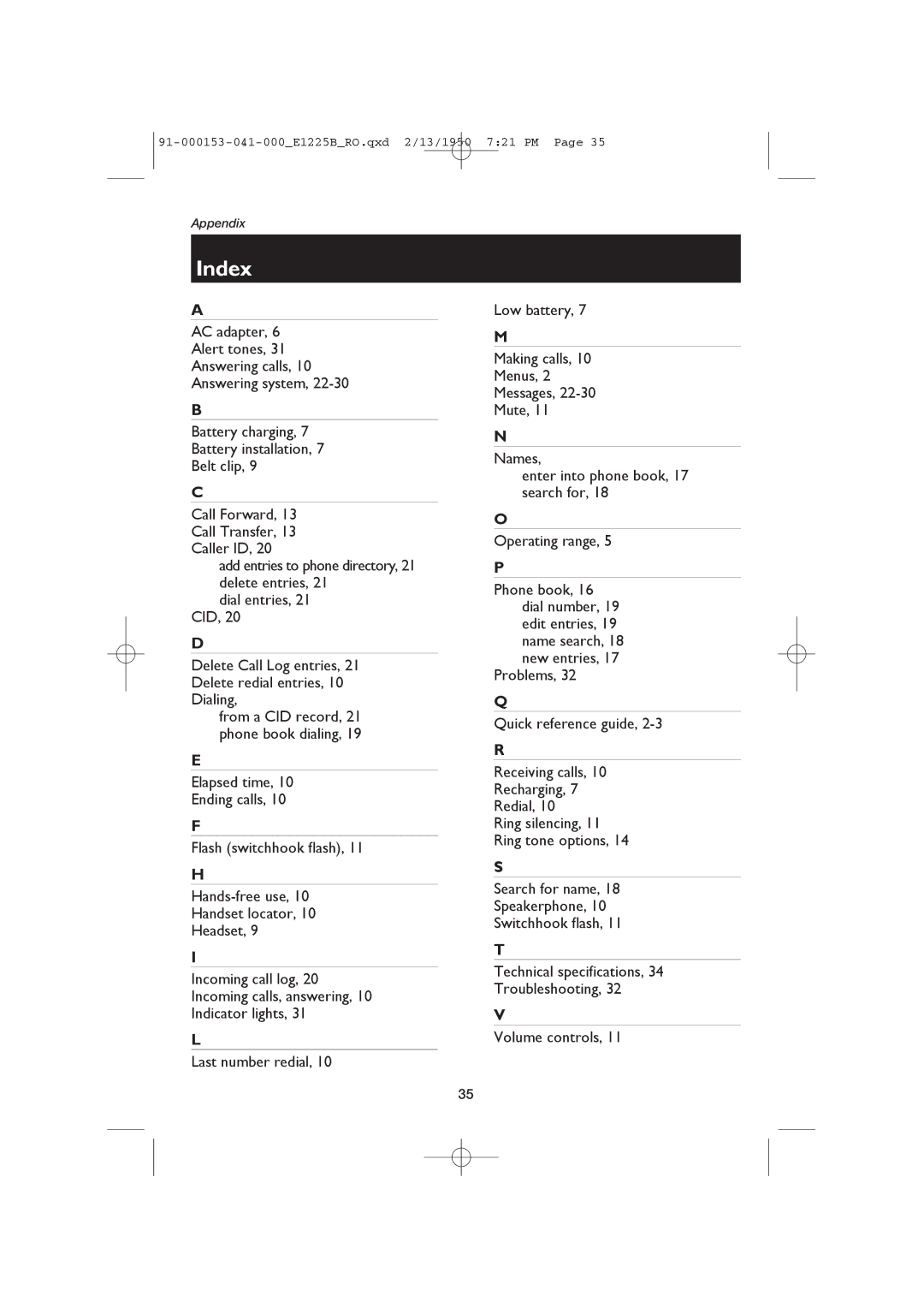 AT&T E1225B, E2725B user manual Index 