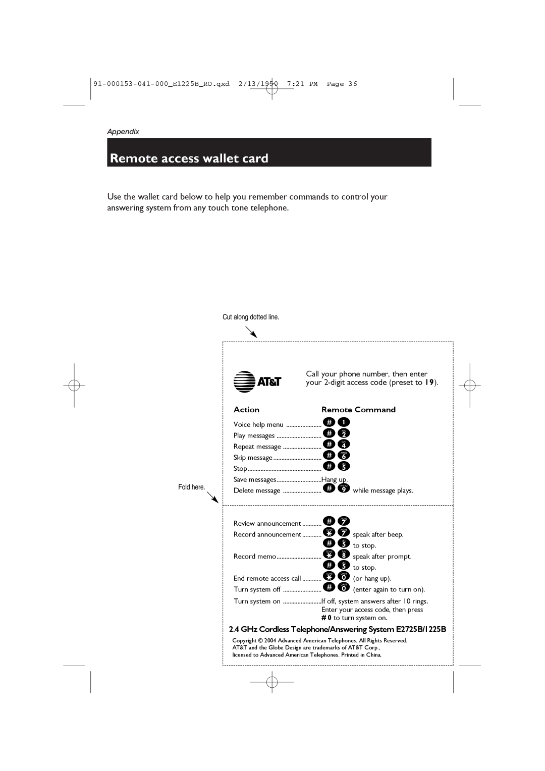 AT&T E2725B, E1225B user manual Remote access wallet card, Cut along dotted line, Fold here 