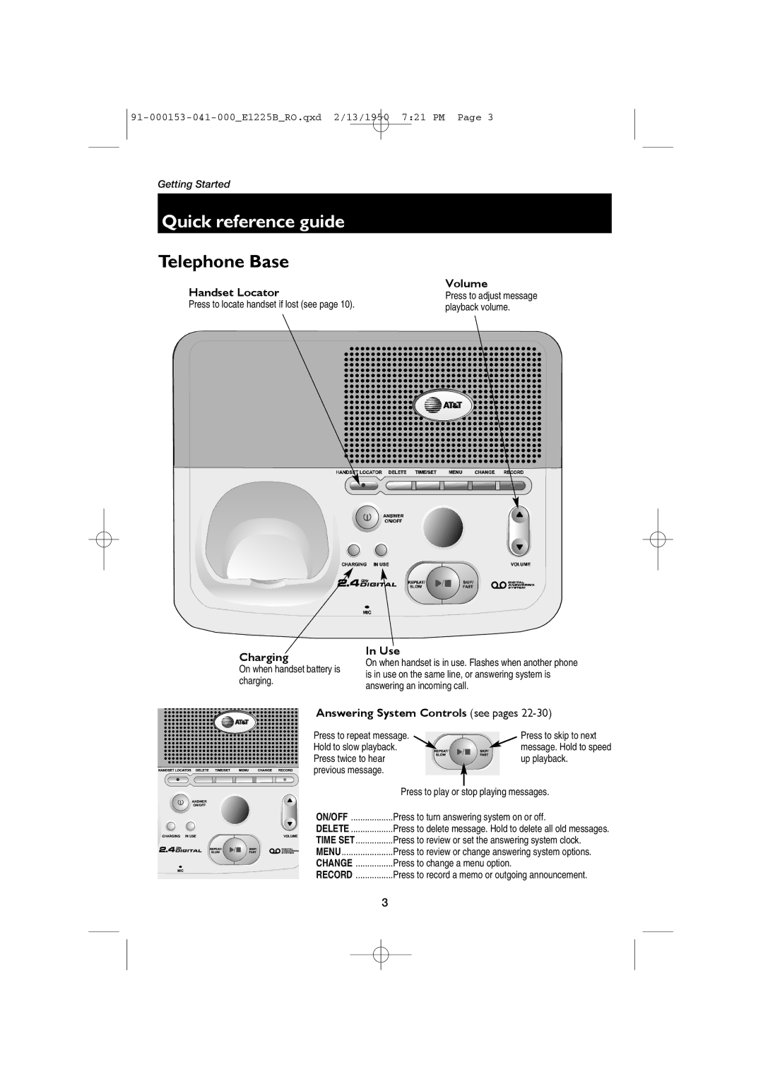 AT&T E1225B, E2725B user manual Press to locate handset if lost see Playback volume, On when handset battery is charging 