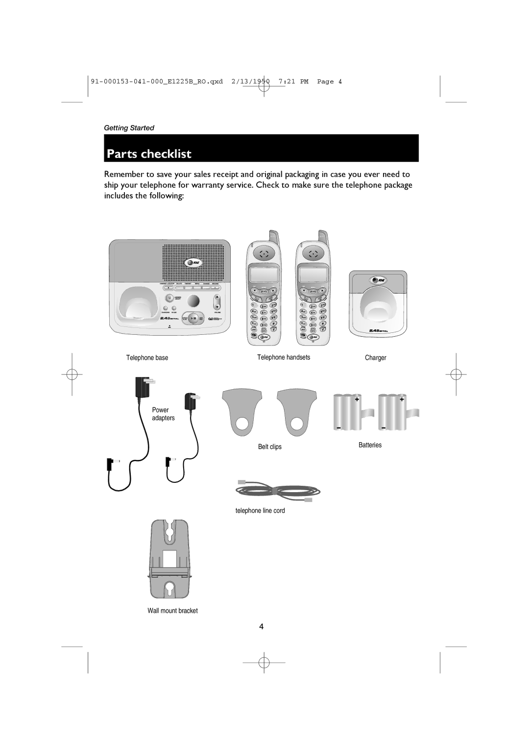 AT&T E2725B, E1225B Parts checklist, Telephone base Telephone handsets, Belt clips, Telephone line cord Wall mount bracket 