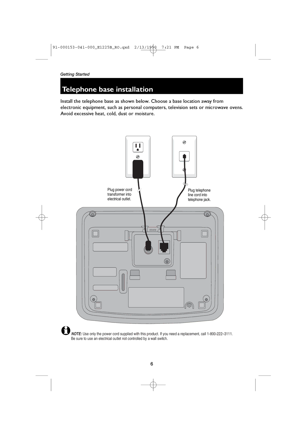 AT&T E2725B, E1225B user manual Telephone base installation, Plug power cord, Transformer into, Electrical outlet 