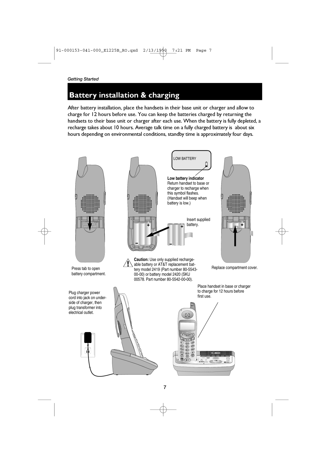 AT&T E1225B, E2725B user manual Battery installation & charging, LOW Battery 