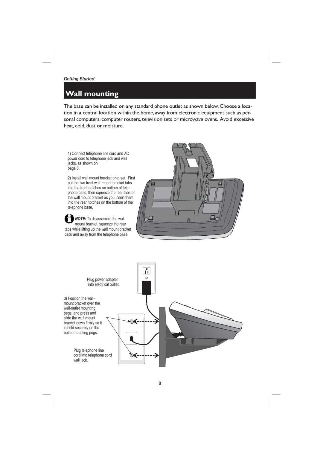 AT&T E2727B user manual Wall mounting, Plug telephone line cord into telephone cord wall jack 