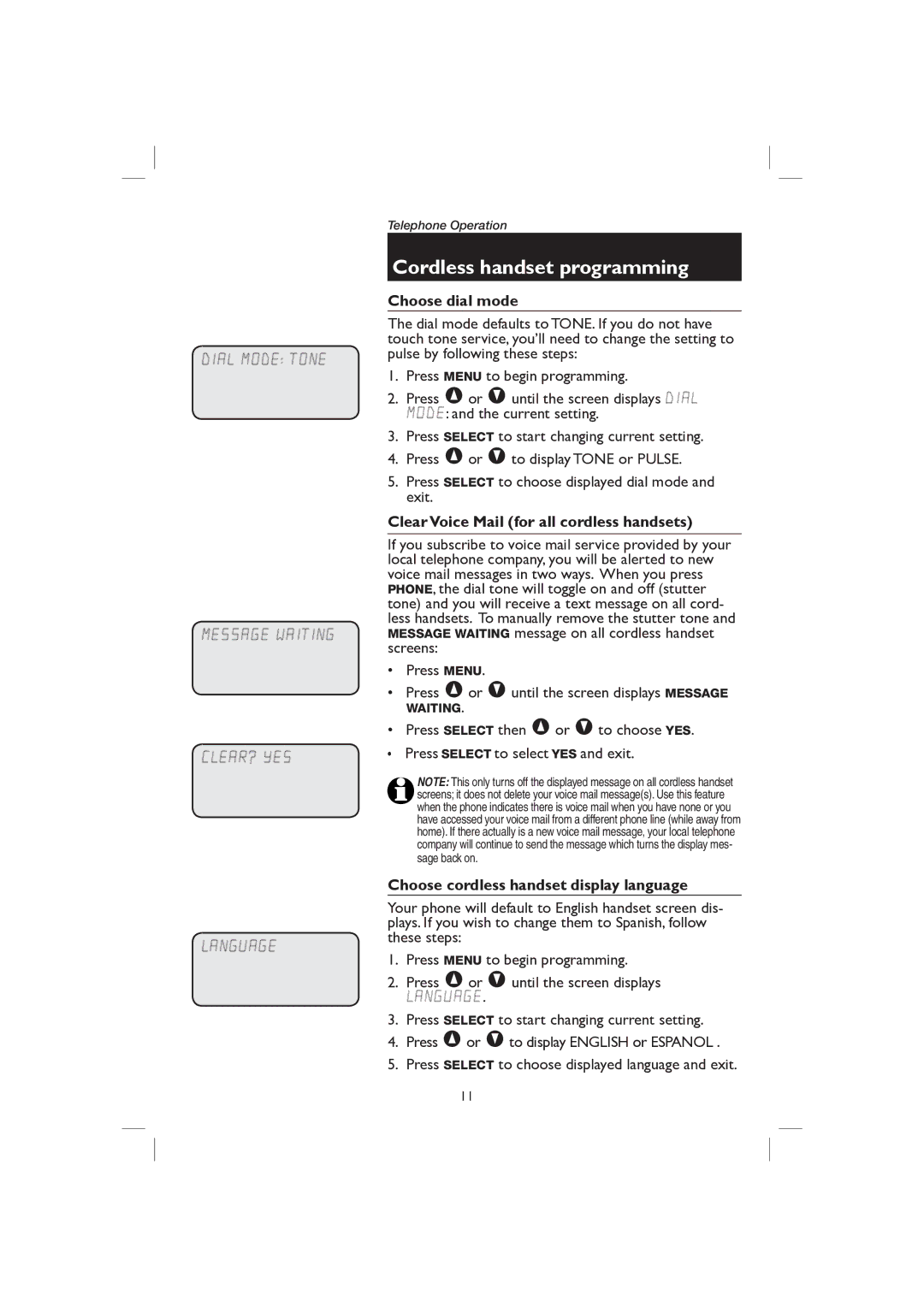 AT&T E2727B Choose dial mode, Clear Voice Mail for all cordless handsets, Choose cordless handset display language 