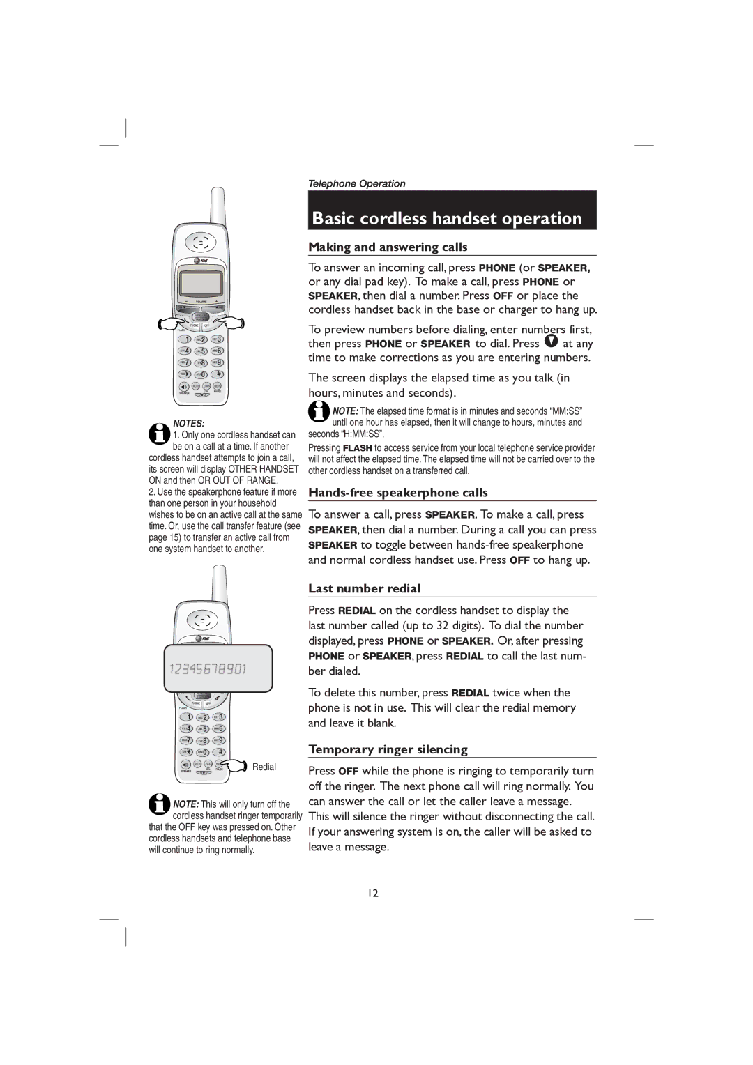 AT&T E2727B user manual Basic cordless handset operation, Making and answering calls, Hands-free speakerphone calls 