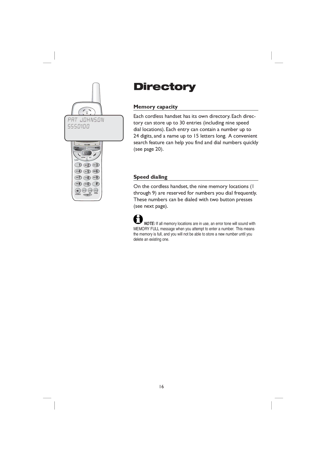 AT&T E2727B user manual Memory capacity, Speed dialing 