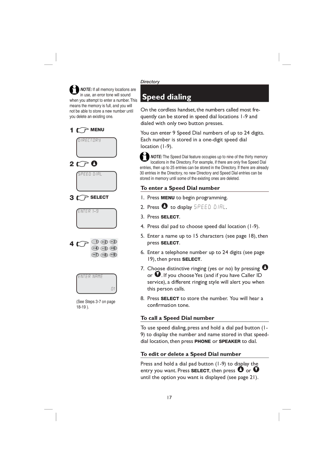 AT&T E2727B user manual Speed dialing, To enter a Speed Dial number, To call a Speed Dial number, See Steps 3-7 on 