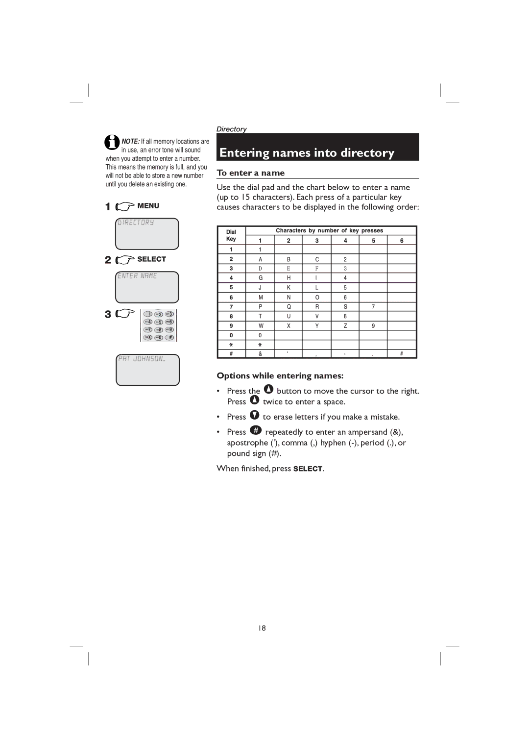 AT&T E2727B user manual Entering names into directory, To enter a name, Options while entering names 