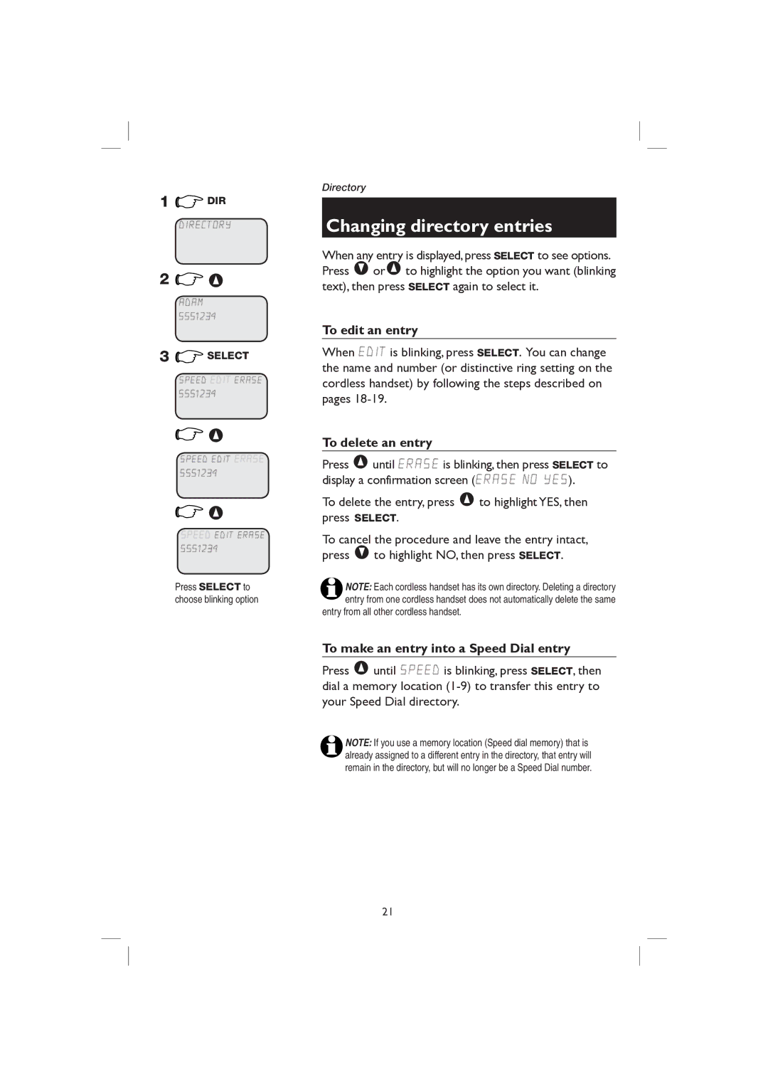 AT&T E2727B Changing directory entries, To edit an entry, To delete an entry, To make an entry into a Speed Dial entry 