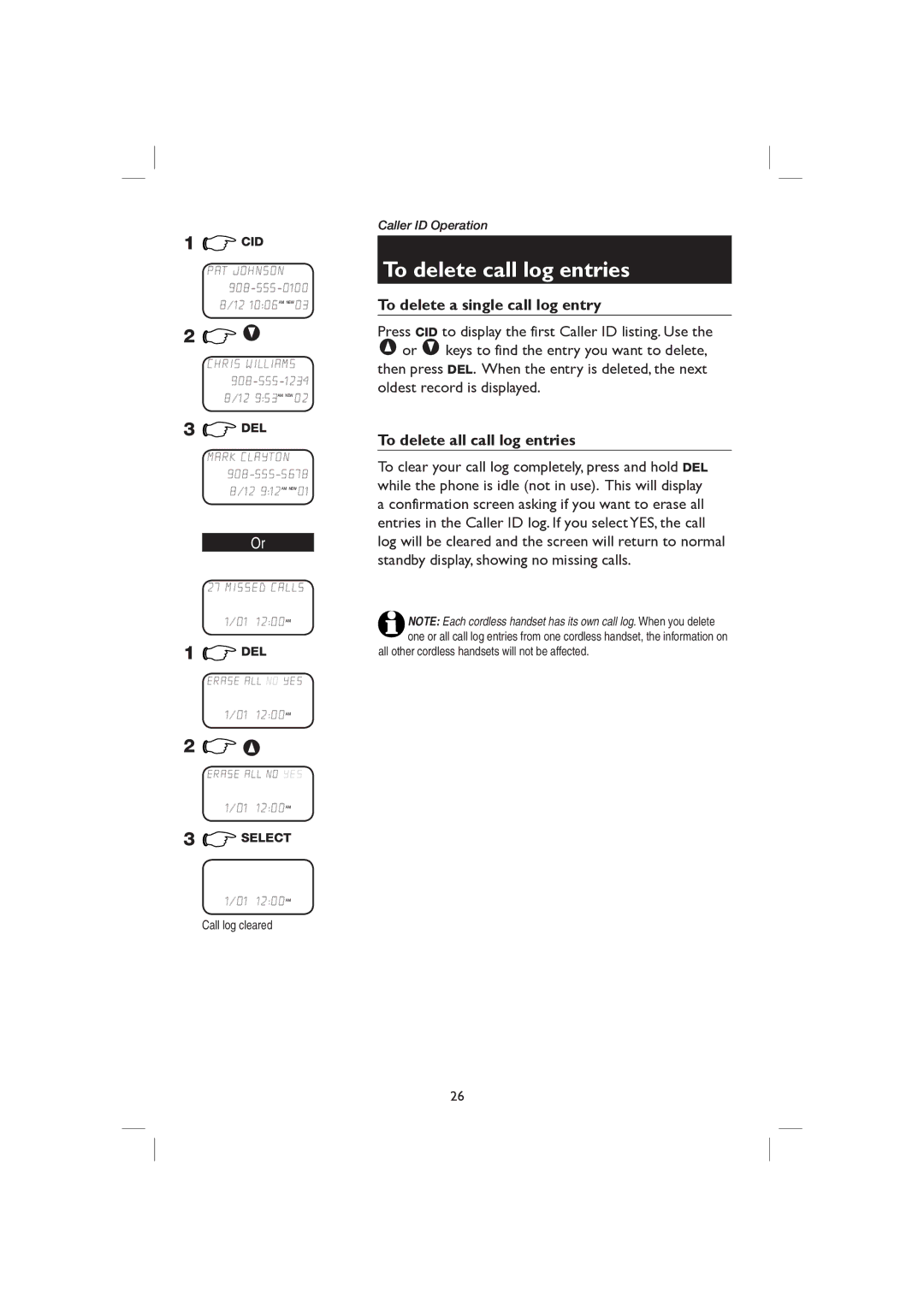 AT&T E2727B user manual To delete call log entries, To delete a single call log entry, To delete all call log entries 