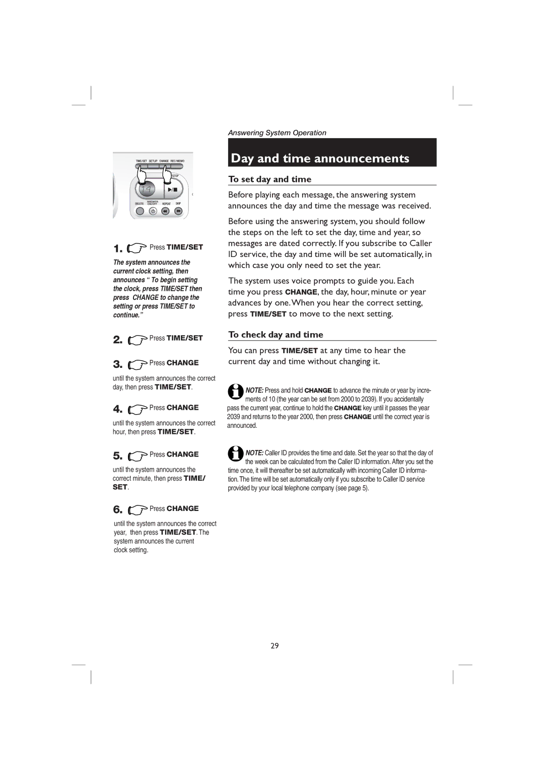 AT&T E2727B user manual Day and time announcements, To set day and time, To check day and time, Press Change, Clock setting 