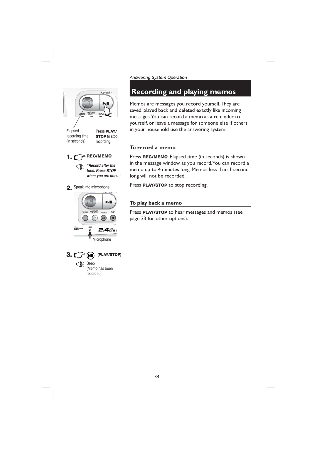 AT&T E2727B user manual Recording and playing memos, To record a memo, To play back a memo 