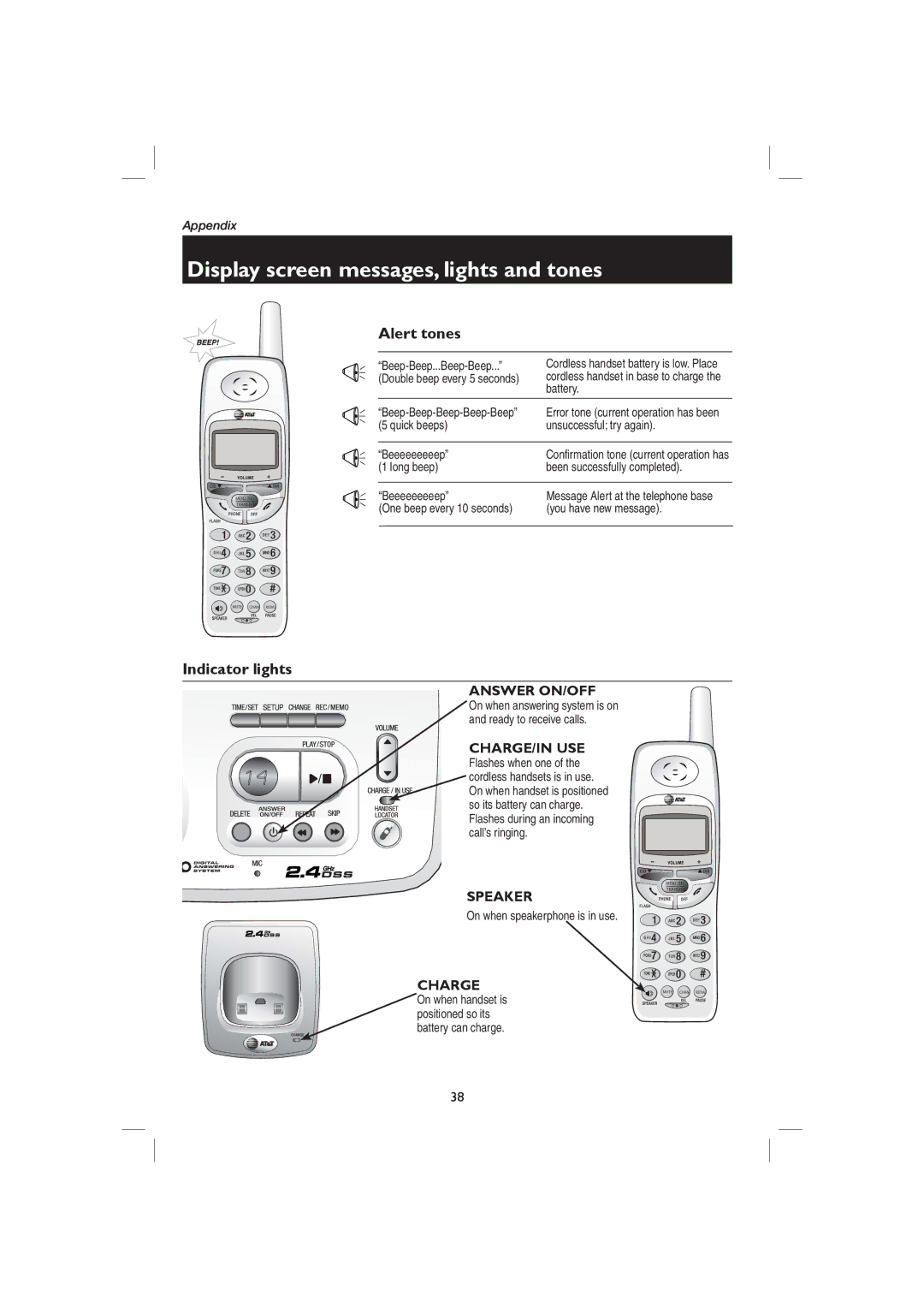 AT&T E2727B user manual Alert tones, Indicator lights 