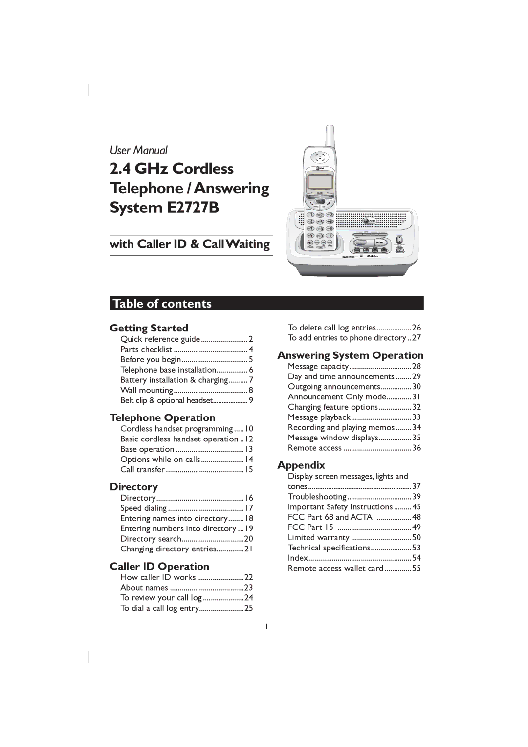 AT&T user manual GHz Cordless Telephone / Answering System E2727B, Table of contents 