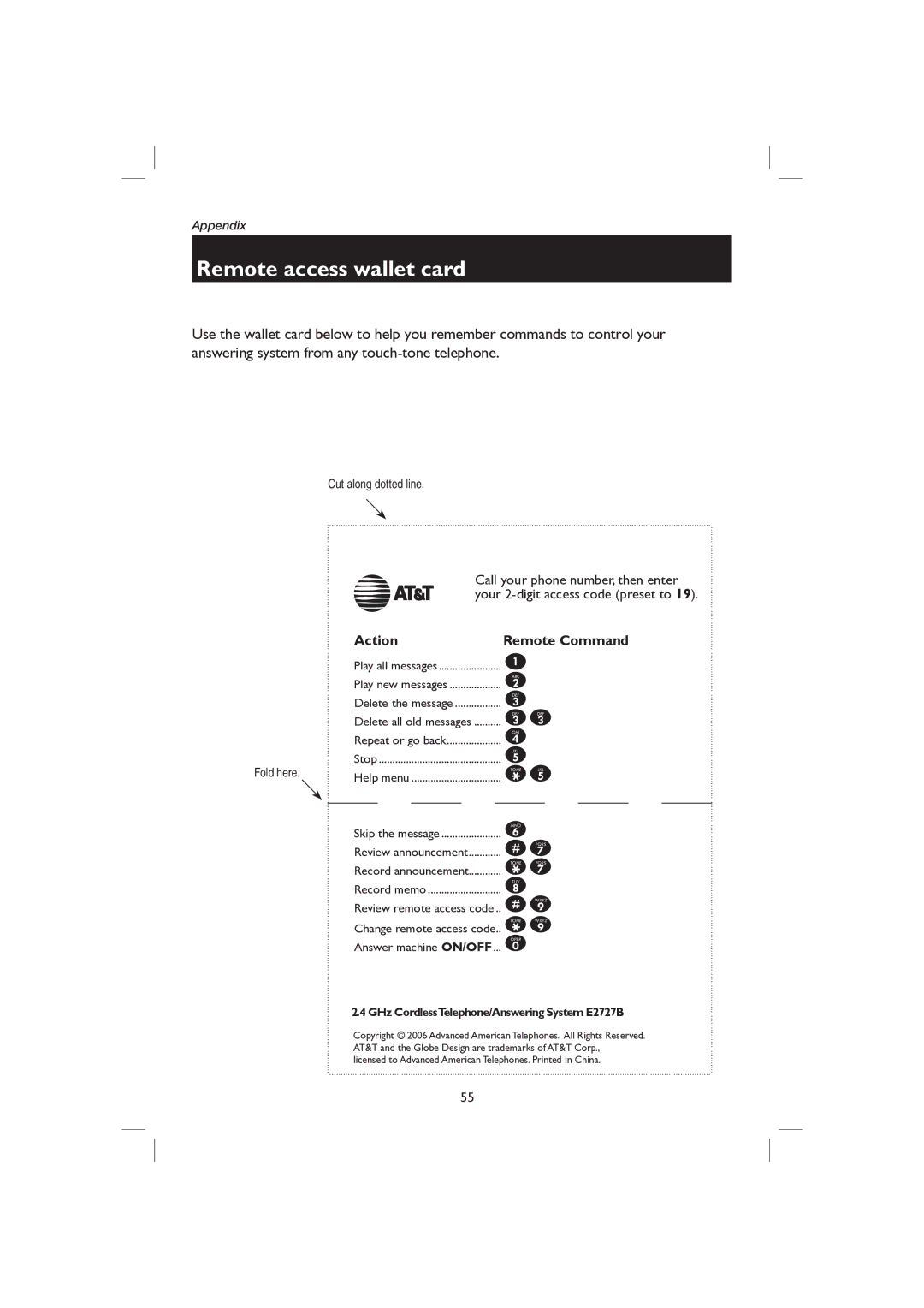 AT&T E2727B user manual Remote access wallet card, Cut along dotted line, Fold here 