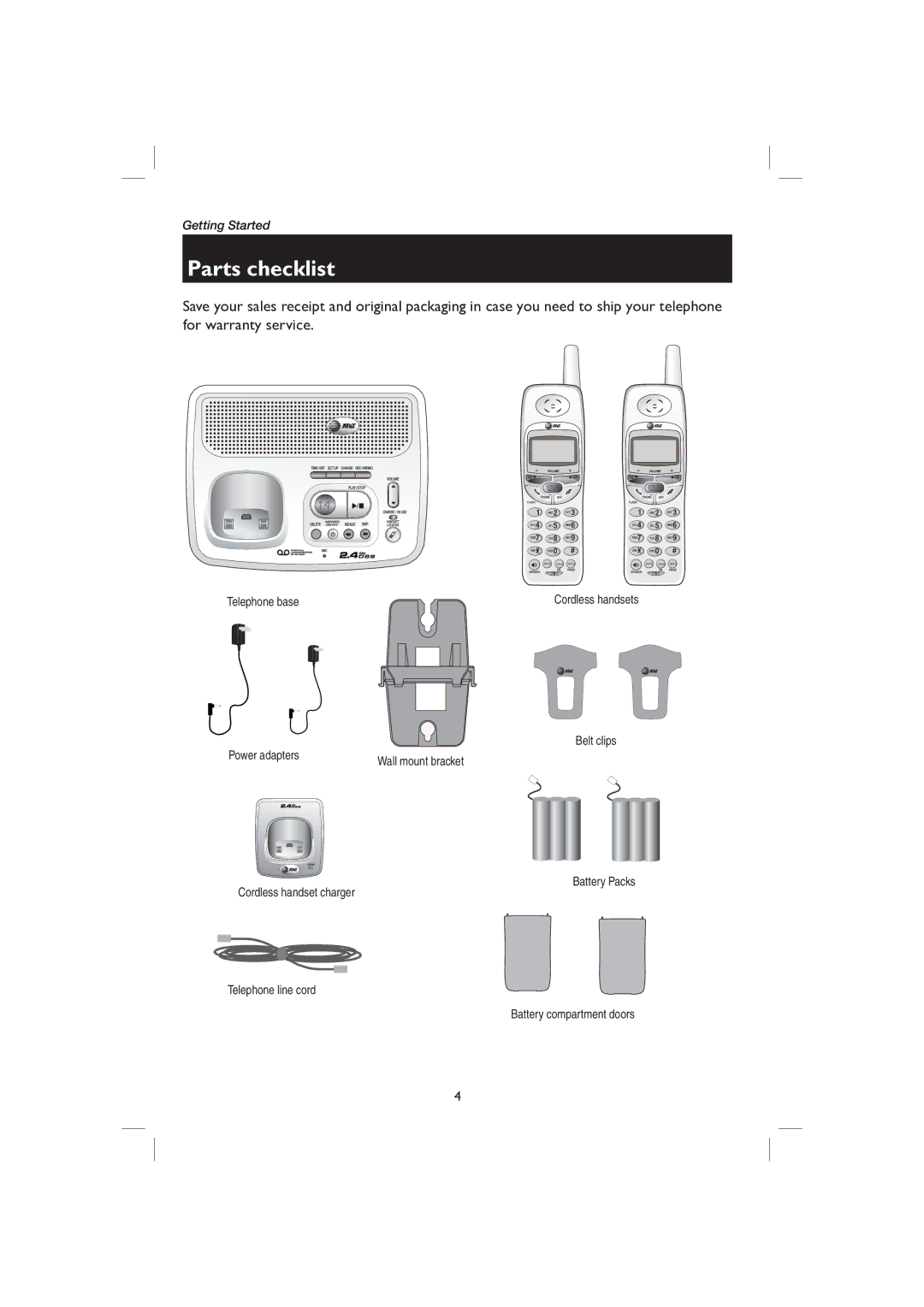 AT&T E2727B user manual Parts checklist, Telephone base, Belt clips Power adapters 