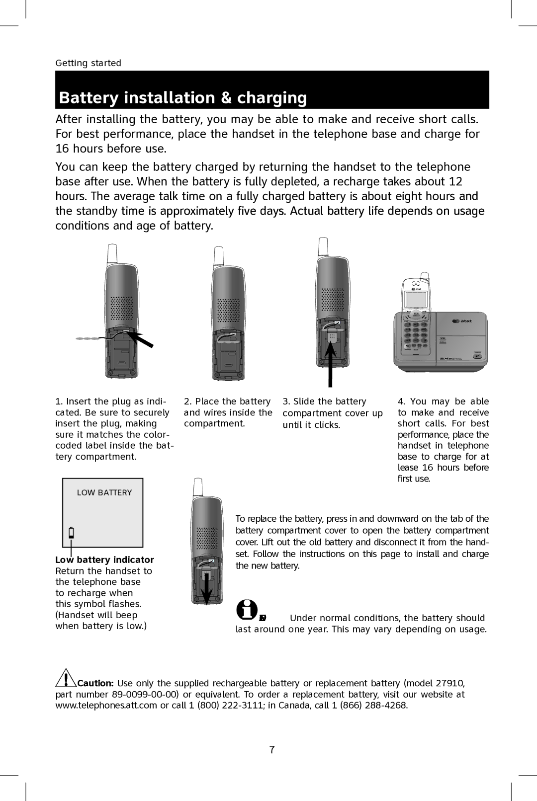 AT&T E2801 user manual Battery installation & charging 